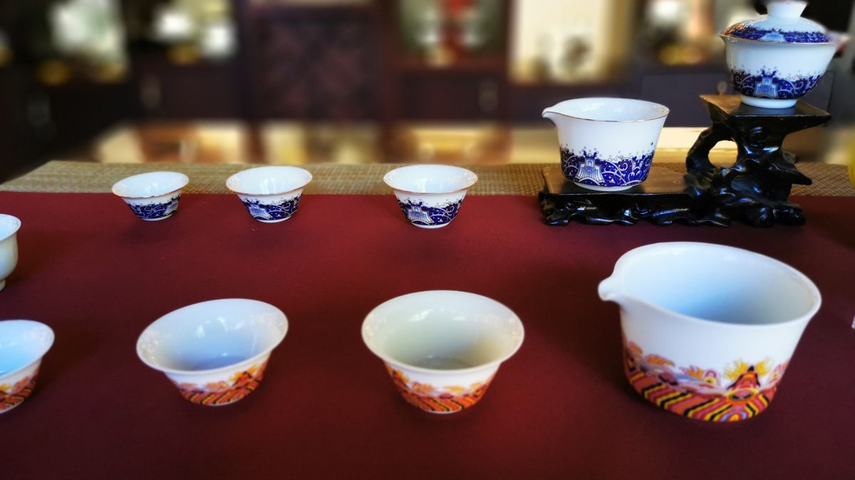 Finely decorated Jingdezhen porcelain on display at the Ancient Kiln Folk Customs museum