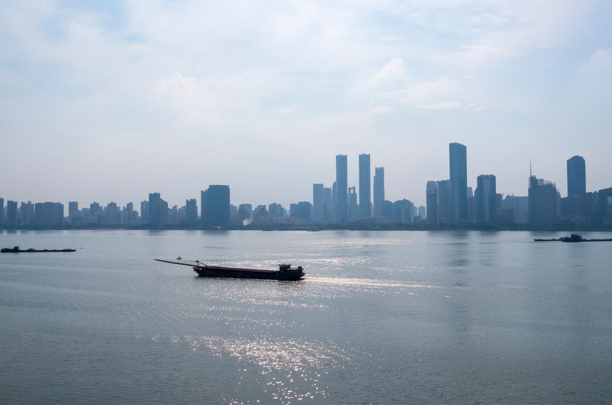 The modern Honggutan district skyline across the Gan River, viewed from Tengwang Pavilion