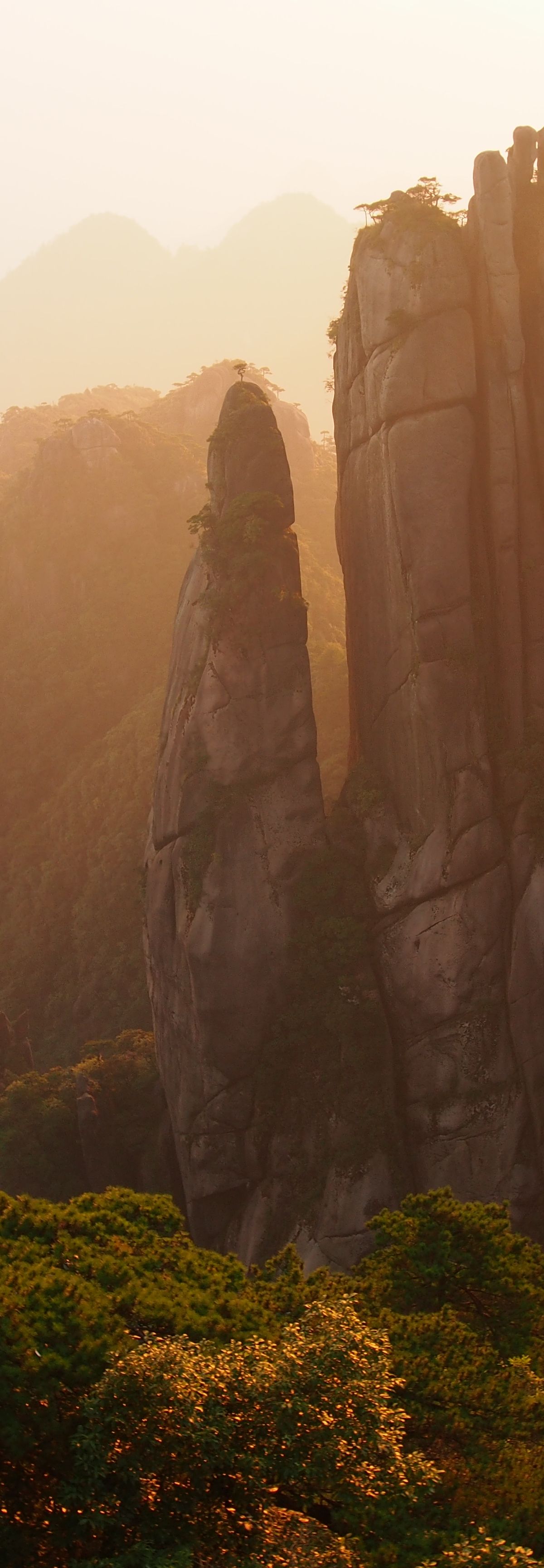 The 'Giant Python' rock pillar at Sanqingshan catching the light at sunrise, the mountain's most photographed silhouette